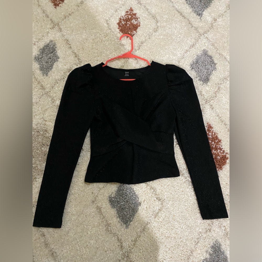 Black Glitter Wrap Long Sleeve Blouse